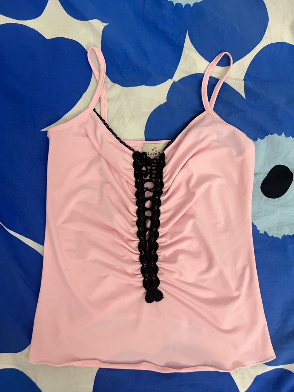 Pink Spaghetti Strap Top with Black Crochet Trim